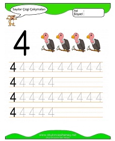 4 Rakamı Çizgi Çalışmaları Çalışma Sayfaları